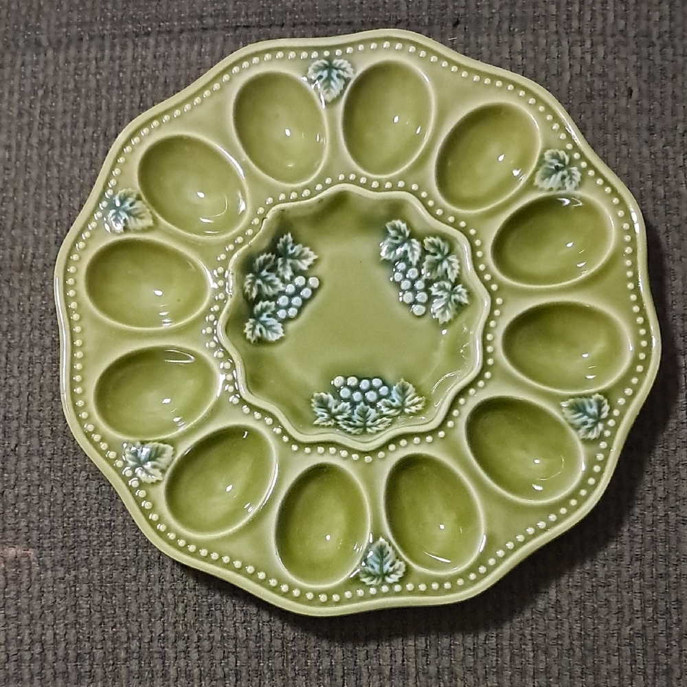 Green Ceramic Deviled Egg Platter with Floral Accents
